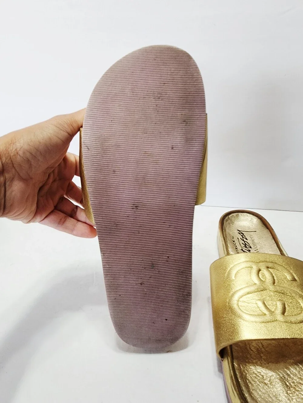Stussy Solestruck SS Link Slide Sandals Gold 100% Leather Size 9